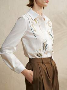 Airaco Women's Casual Plant Embroidery Shirt, Spring/Autumn - White - View 3