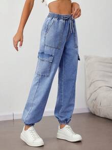 SHEIN Tall Women's Casual Washed Drawstring Waist Flap Pocket Cuffed Hem Jeans, Summer - Medium Wash - View 6