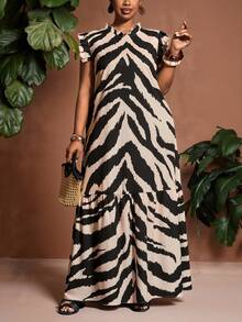 Veslaya 大码女式度假斑马纹荷叶边立领短袖休闲连衣裙 - 黑與白 - 查看 2