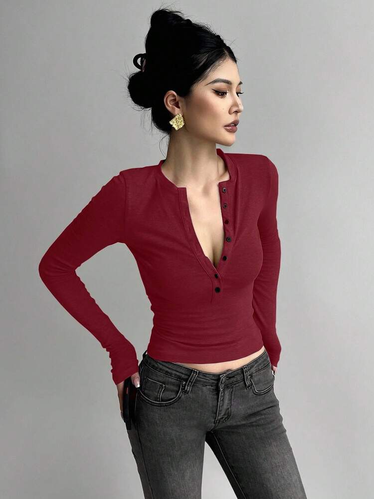 Women's Solid Color Half-Zip Long Sleeve Bodycon T-Shirt Y2k