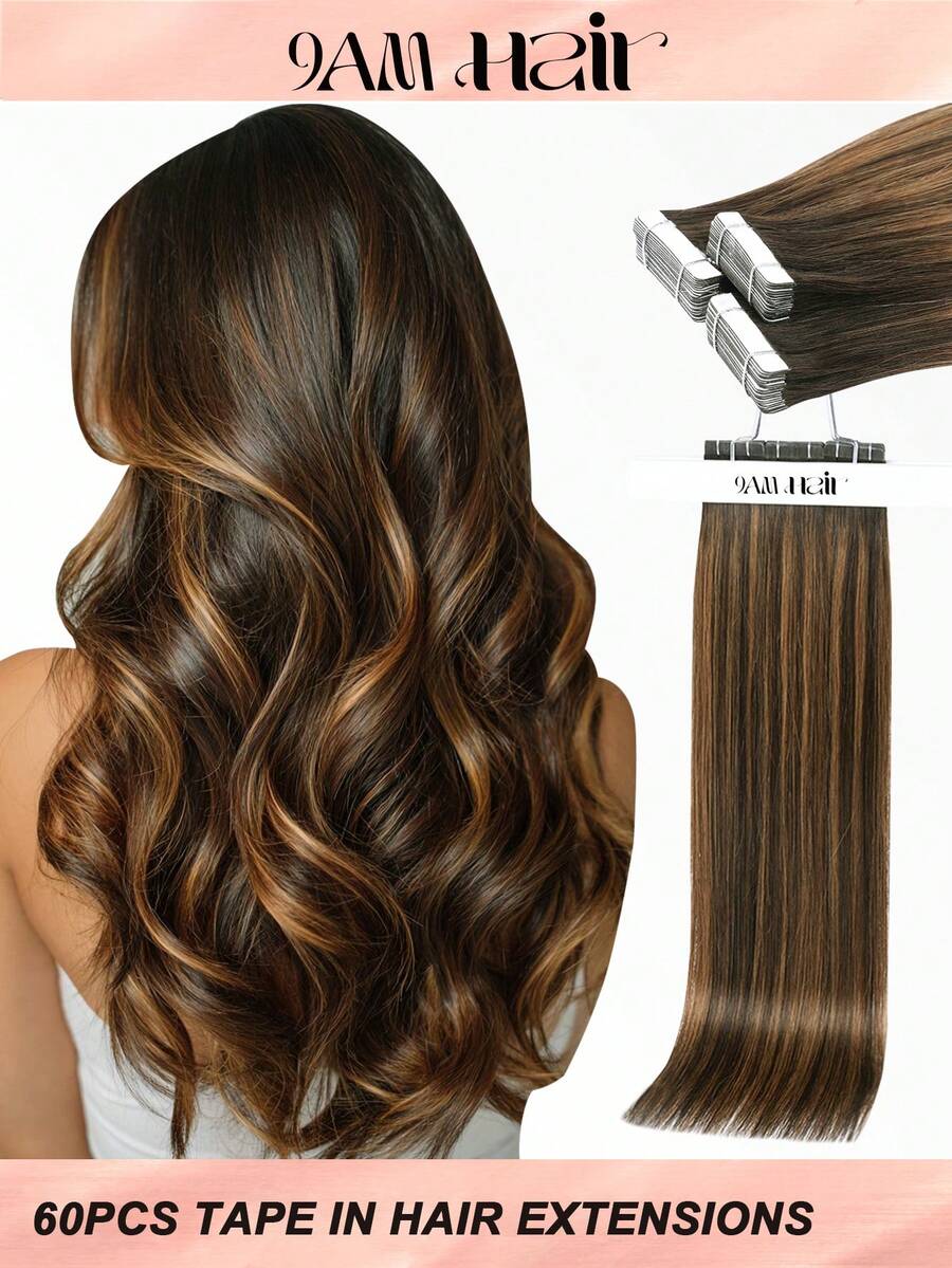60pcs Tape In Hair Extensions 100% Human Hair #T2-P2/6 Balayage Dark Brown Mixed Chestnut Brown Straight Style In 14-22 Inch Lengths Extensions Silky Seamless Invisible Top Quality Thick Ends Healthy Human Hair Extensions For Thin Hair And Salon Use - ST2-P2/6 - View 1