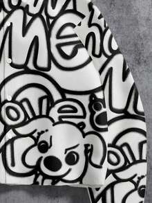 Manfinity ZONE917 宽松街头风黑色涂鸦“SHOW ME”趣味狗狗印花短袖衬衫，版型宽松，适合约会和聚会，也是送给男朋友的绝佳礼物。 - 白色 - 查看 4