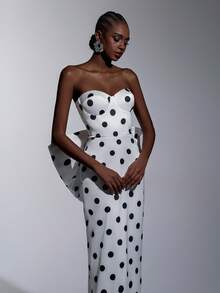 Elitara 优雅奢华波点数码印花缎面手工大蝴蝶结装饰无肩带直筒连衣裙，女士正式晚礼服参考款 - 黑與白 - 查看 7