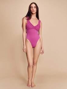 lacRébo Body con volantes de color morado oscuro con detalle texturizado en el busto, cuello de pico y silueta ajustada romántica de primavera y verano, estilo francés y parisino - Morado Violeta - Ver 6