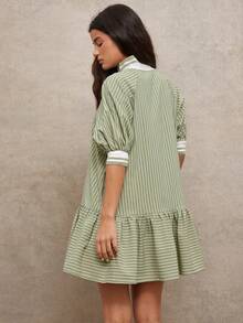 WESTFADE 混纺针织条纹梭织短泡泡袖层叠荷叶边迷你Polo连衣裙 - 綠色 - 查看 2