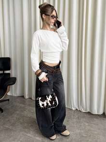 SHEIN BAE Women's Casual Solid Color Oblique Shoulder Long Sleeve Top - White - View 3