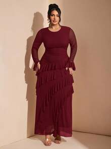 SHEIN BAE Đầm dài tay xòe thanh lịch dành cho nữ cỡ lớn, có viền bèo nhún, thích hợp cho mùa thu/đông. - Màu Đỏ Sâu - Xem 4