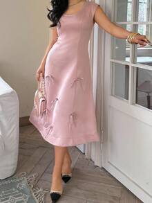Modelyn Women's Solid Color Round Neck Bow Decor Elegant Dress,Pink Dress - Pink - View 7