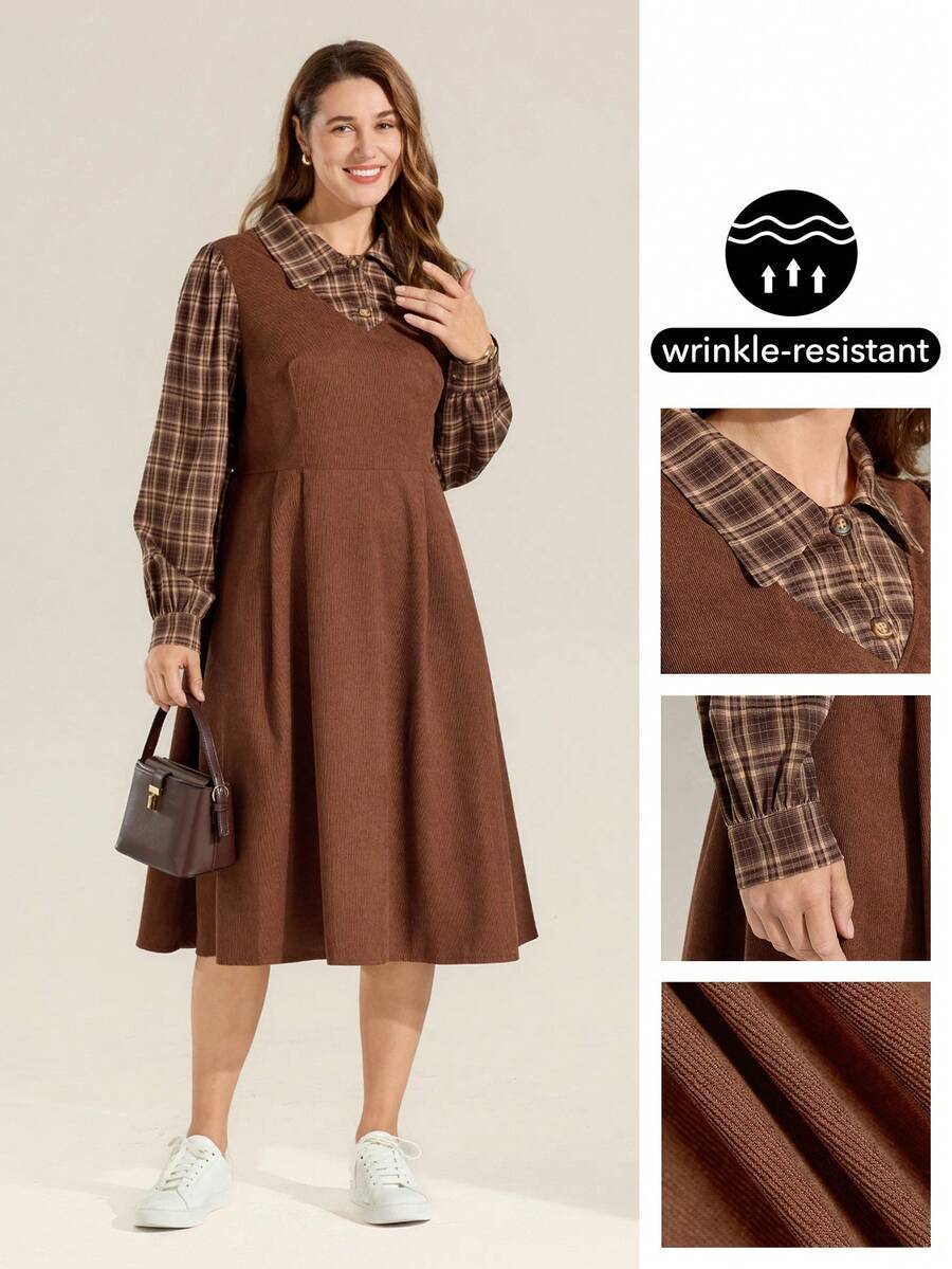 Momelise Plus Size Multicolor Plaid Collar Long Sleeve A Line Knee Length Casual Woven Fabric Dress With Pockets - Multicolor - View 1