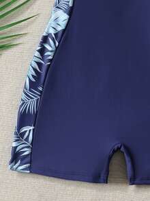 少女热带树叶印花拉链前开襟插肩短袖防晒连体泳衣，夏季假日 - 藍色 - 查看 5