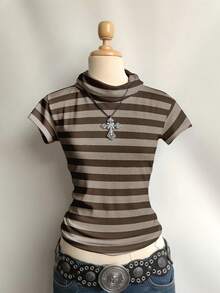 Attitoon Áo thun nữ cổ cao tay ngắn ôm sát, phong cách vintage punk Y2K đa năng, thoải mái cho mùa thu/đông, thích hợp cho các bữa tiệc hoặc sân bay. - màu nâu - Xem 4