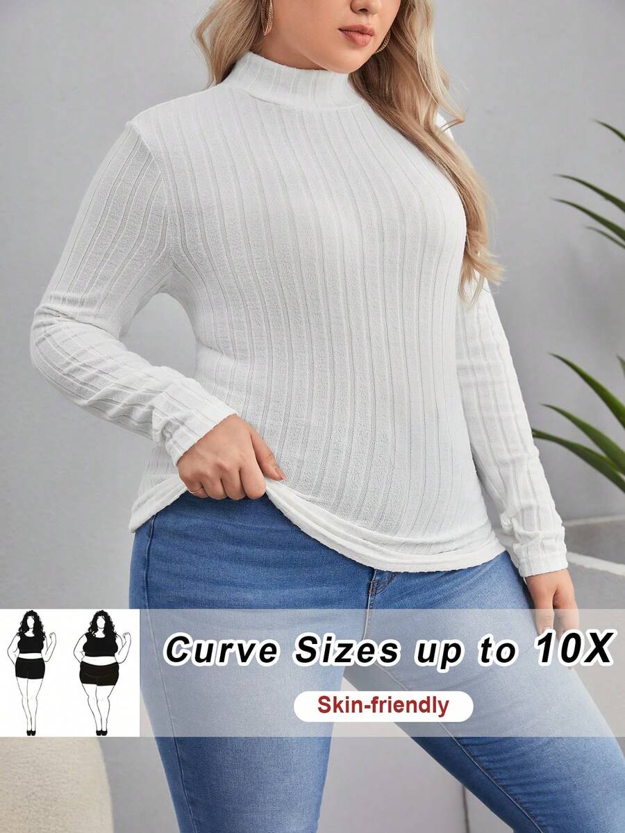 SHEIN CURVE+ 大码女式纯色立领长袖罗纹休闲 T 恤，秋季 - 白色 - 查看 1