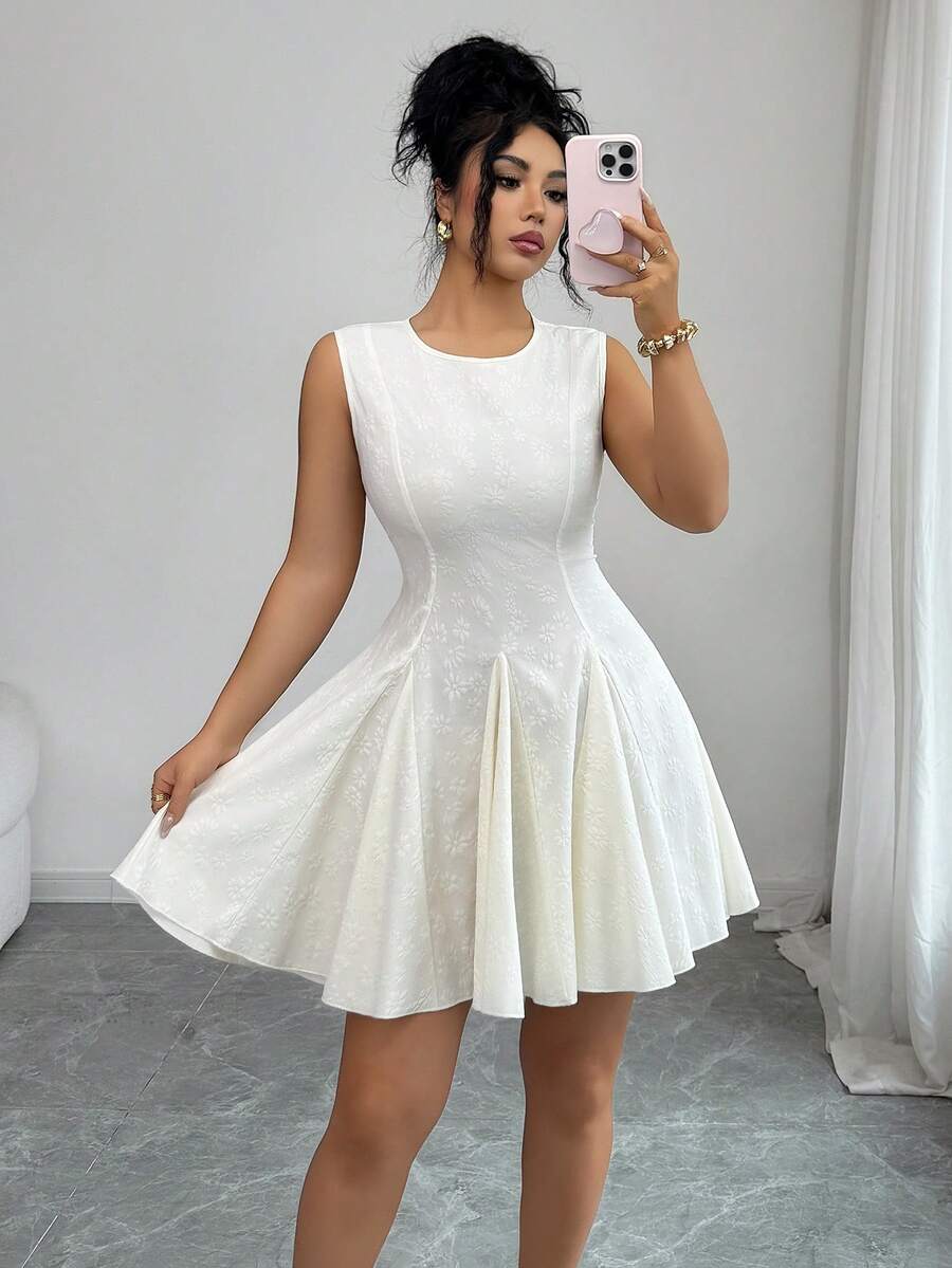 SHEIN Elenzya Women's Elegant Textured Jacquard Round Neck Flared Hem Sleeveless Mini Dress, Spring/Summer - Apricot - View 1