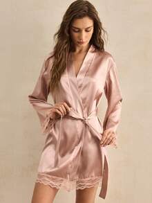 Charlaine Elegant French Satin Lace Women Robe - Dusty Pink - View 4