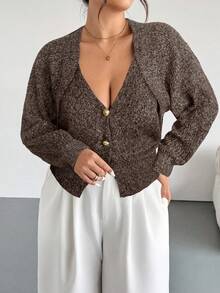 Firerie Plus Size Solid Color Front Button Long Sleeve Casual Knit Cardigan In Fall/Winter - Brown - View 4