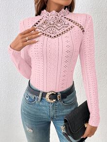 SHEIN Frenchy Guipure 成人蕾丝拼接镂空刺绣高领T恤连体衣 - 淺粉色 - 查看 3