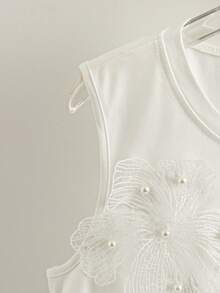 GlowEve 女士春夏针织弹力圆领无袖串珠3D花卉装饰奢华休闲优雅背心 - 白色 - 查看 4