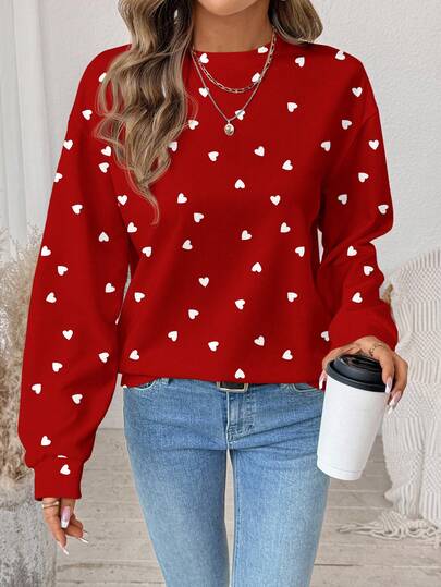 SHEIN LUNE Casual Vintage Elegant Commute Versatile Warm Romantic Heart-Shaped Red Valentine's Day Print Pattern, Comfortable Loose Fit Crew Neck Long Sleeve Sweatshirt For Women, Suitable For Autumn/Winter