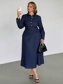 Auralis 大码女式时尚休闲单排扣长袖牛仔连衣裙，春夏情人节狂欢节服装，通勤度假毕业典礼时尚Y2K可爱街头风派对婚礼优雅商务休闲女式牛仔纽扣连衣裙，翻领长袖系带腰身细节 - 藍色 - 查看 5