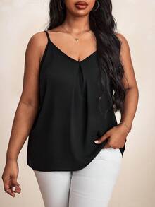 Blusa de tirantes plisada casual de unicolor para mujer de talla grande para verano - Negro - Ver 5