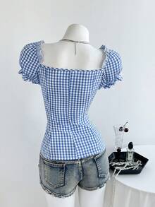 Elamini Women's Square Neck Plaid Print Ruffle Trim Casual Short Sleeve Blouse - Blue - View 2