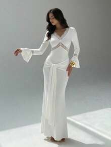 Aloruh Vestido de festa branco elegante, modelo sereia com decote em V profundo e mangas flare vazadas para mulheres. - Branco - Ver 12