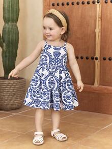 SHEIN Baby Girl Ditsy Floral Woven Spaghetti Strap Dress - Apricot - View 5