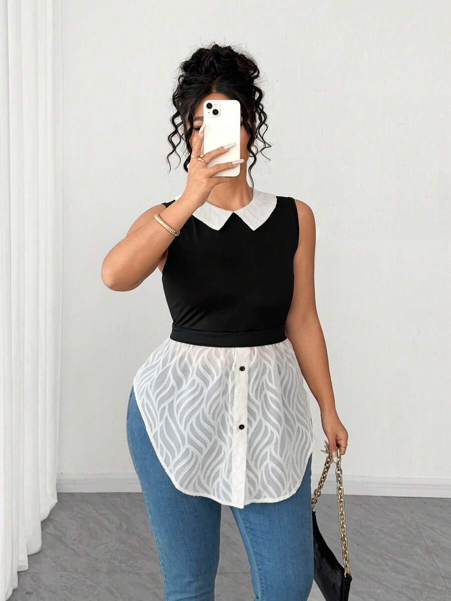 Elenzga Plus Size Black & White Floral Jacquard Mesh Blouse With Ruffle ...