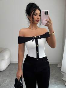 SHEIN Elenzya Women's Elegant Off-Shoulder Short Sleeve T-Shirt,Ribbed Fabric,Metal Button,Sequin Bow Design,Black And White Summer Dining,Parties,Office,Commute - Black and White - View 1