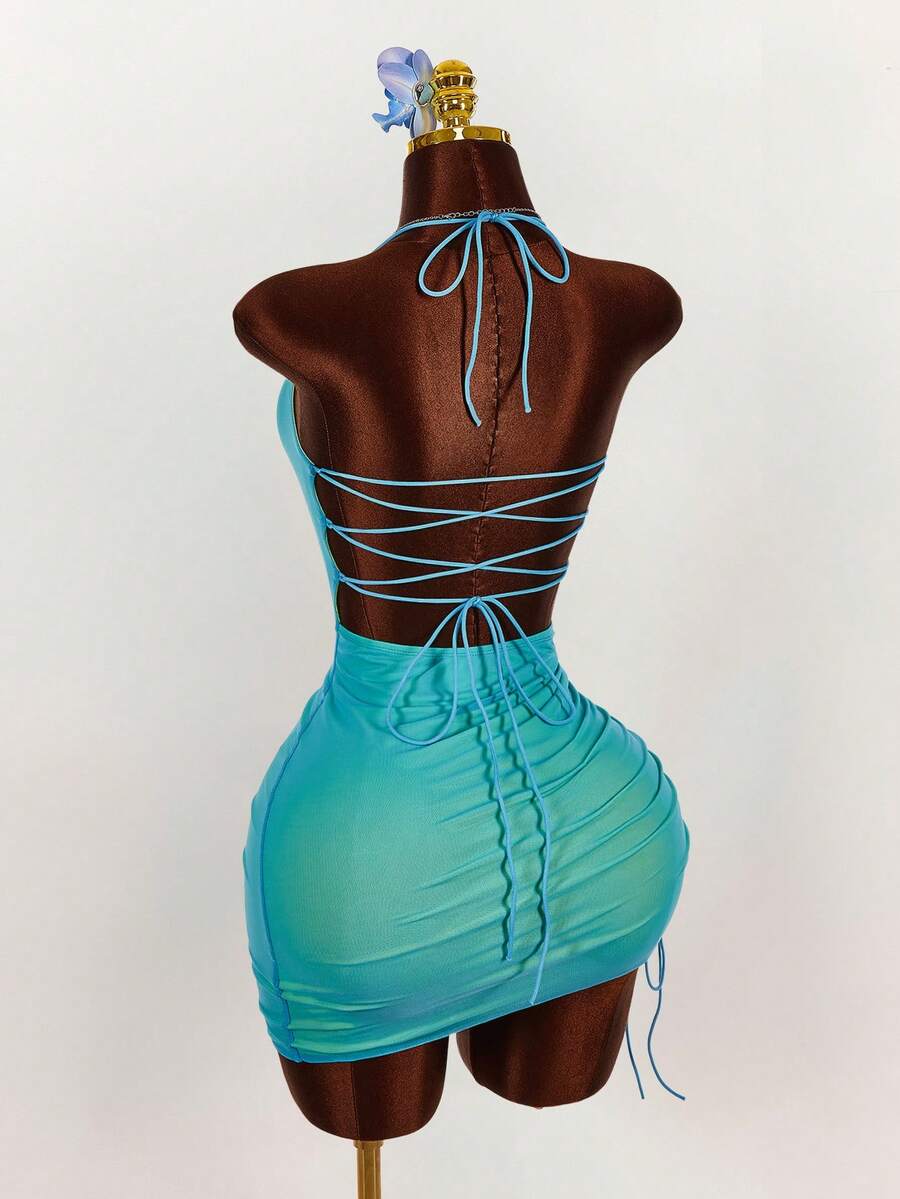 Amplova Đầm ngắn hở lưng xếp ly, phối màu, kiểu dáng gợi cảm, dành cho nữ, mẫu mới năm 2026. - Nhiều màu - Xem 1