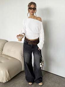 SHEIN BAE Women's Casual Solid Color Oblique Shoulder Long Sleeve Top - White - View 5