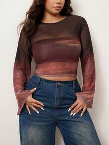 Hourglow Plus Size Women's Tie-Dye Print Crew Neck Long Sleeve Fitted Fashion T-Shirt, For Hourglass Body Shape - Multicolor - View 7