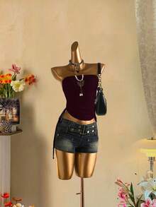 Attitoon Top tubo corto con cordón y nudo delantero casual para mujer - Rojo violeta - Ver 4