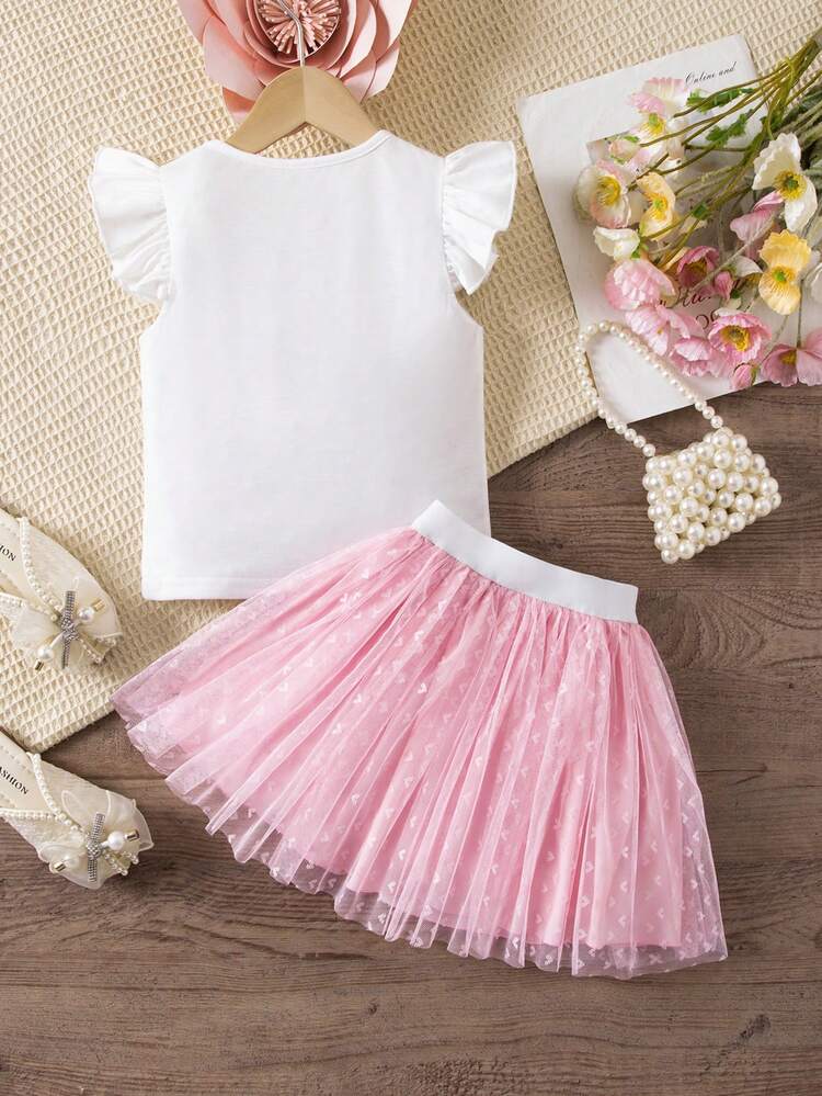 SHEIN 2pcs/Set Young Girl Cartoon Portrait Graphic Ruffle Trim Top And Mesh Skirt, Summer Casual Outfit 2pcs Set Toddler Girls Toddler Girls Cute Vintage Style - Multicolor - View 2