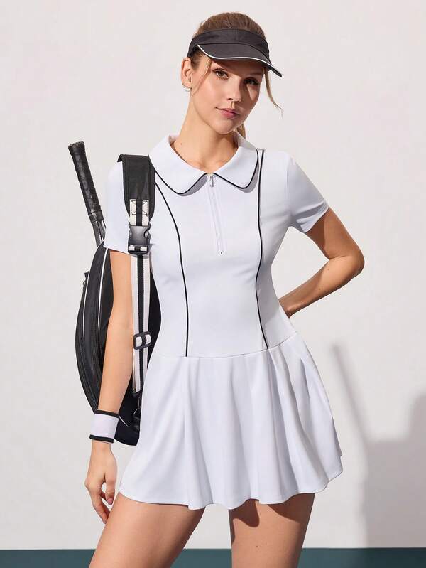CourtClass 女士撞色花瓣领拉链A字褶裥短袖连衣裙，内置短裤，运动休闲日常网球裙