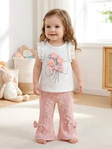 2pcs Baby Girls Knitted Textured Fabric Ruffle Trim Floral Top And Pants Set, Sweet Jacquard, Casual Summer Outfit - Pink - View 4