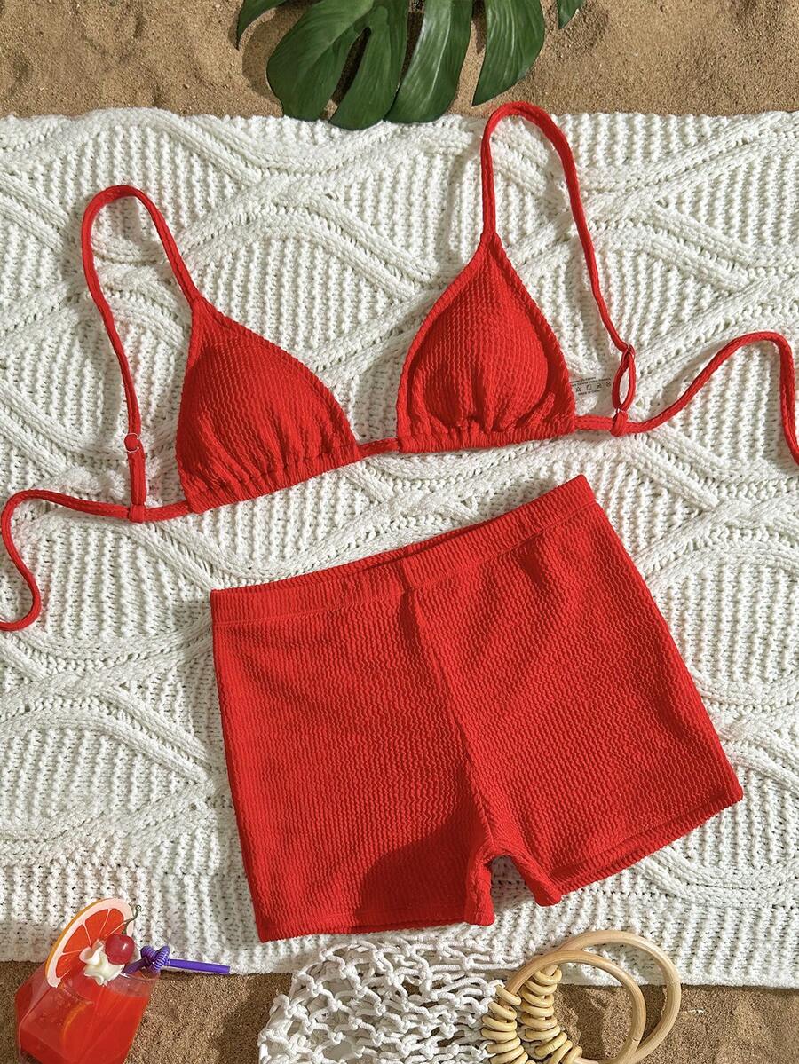 Swim Chiccia Women's Solid Color Spaghetti Strap Bikini Set - Red - View 1