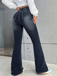 SHEIN Tall Women's Casual Washed Asymmetric Waist Flare Leg Jeans - Dark Wash - View 2