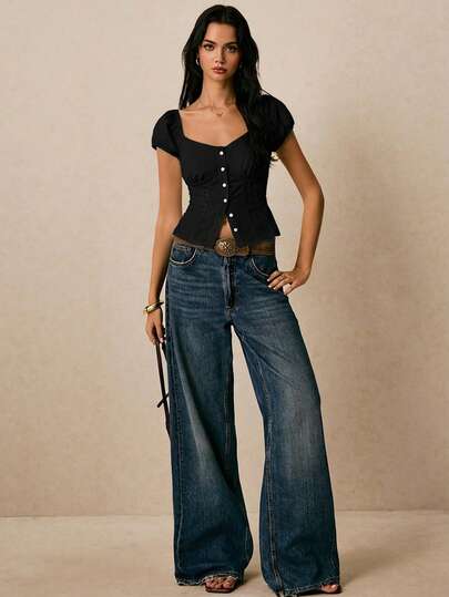 Poéselle Women's Casual Solid Color Keyhole Neck Capped Sleeve Fitted Cropped Top, Summer