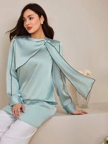 Graceveil Spring New Contrast Trim Blue Casual Shirt Elegant Blouses Dress Modest - Blue - View 3