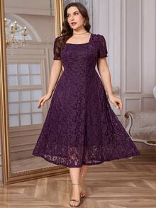 SHEIN Clasi Đầm ren màu trơn thanh lịch cỡ lớn, thích hợp cho mùa hè. - Màu tím - Xem 3