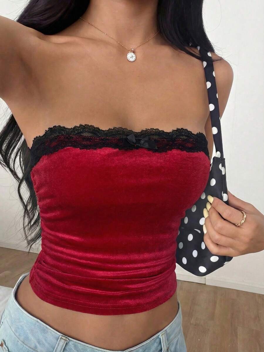 CovetEZ 女士针织休闲丝绒玫瑰红抹胸上衣 - 玫瑰紅 - 查看 1