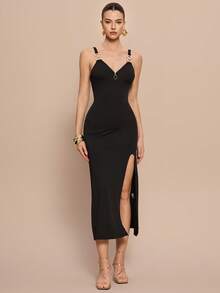 Leighera 女士夏季优雅连衣裙，侧拉链，金属扣，开衩下摆，修身长款女装 - 黑色 - 查看 8