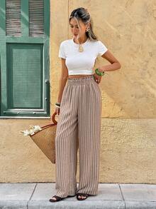 SHEIN Frenchy 女士休闲度假棕色底白色条纹裤 - 杏色 - 查看 7