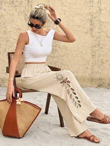 SHEIN Frenchy 女士弹力腰镂空直筒宽松休闲裤 - 杏色 - 查看 8