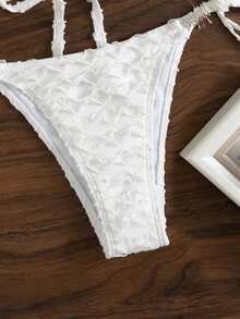 BamGleam Summer Beach Textured Bikini Set Rhinestone Fringe Triangle Bra Top & Tie Side Bikini Bottom 2 Piece Bathing Suit - White - View 5