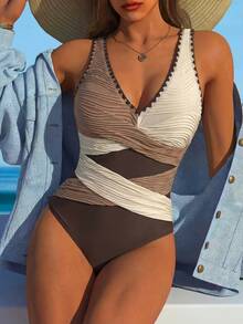 Swim Lushoire 性感交叉绑带连体泳衣，欧美风格度假泳装 - 彩色 - 查看 1