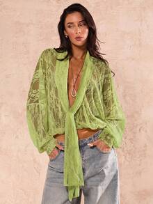 SHEIN Glamour Áo kiểu nữ tay dài ren xuyên thấu màu xanh lá chanh, áo kiểu buộc dây phía trước, kiểu dáng thường ngày cho kỳ nghỉ năm 2026. - màu xanh lá - Xem 7