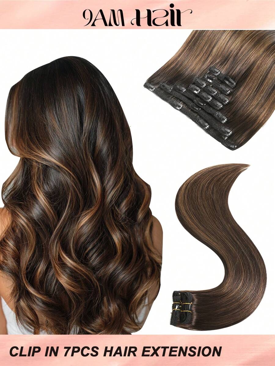 7片装，含20个夹子，120克双层缝制隐形夹式接发，真人发，T2-P2/6#深棕色渐变中棕色，真人发夹式接发，双层缝制真人发夹式接发，14-22英寸，适合女性女孩日常佩戴，冬季、圣诞节、万圣节装扮，秋季服装，女士秋季穿搭 - ST2-P2/6 - 查看 1