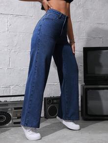 SHEIN Tall Women's Solid Color Slant Pocket Casual Straight-Leg Jeans - Dark Wash - View 6